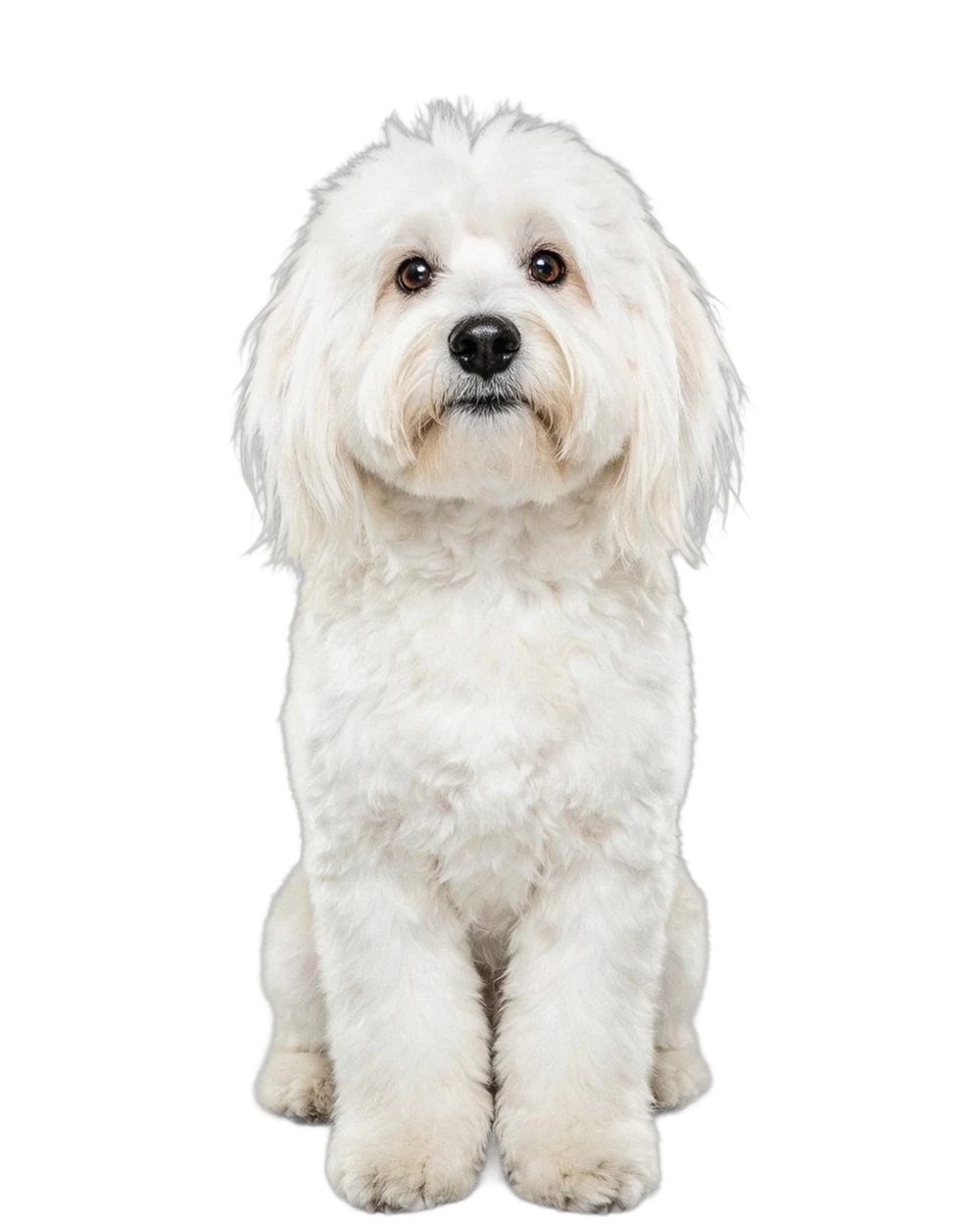 Coton de Tuléar assis de face, poil blanc retombant, yeux ronds sombres et truffe noire
